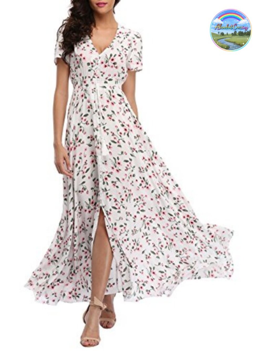 Women Floral Maxi Dress Boho Button Up Short Sleeve Summer Beach Dress